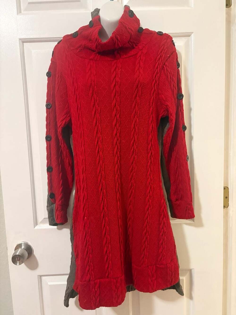 Reborn Cable Knit Turtleneck Sweater Dress Size M Red Grey Button Sleeve